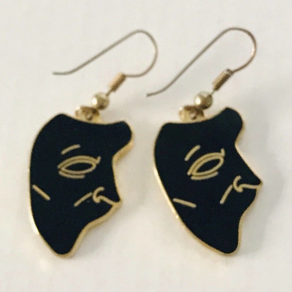 Phantom of The Opera Black Enamel Gold Earrings mask Dangle Hook Stamped - Picture 3 of 8
